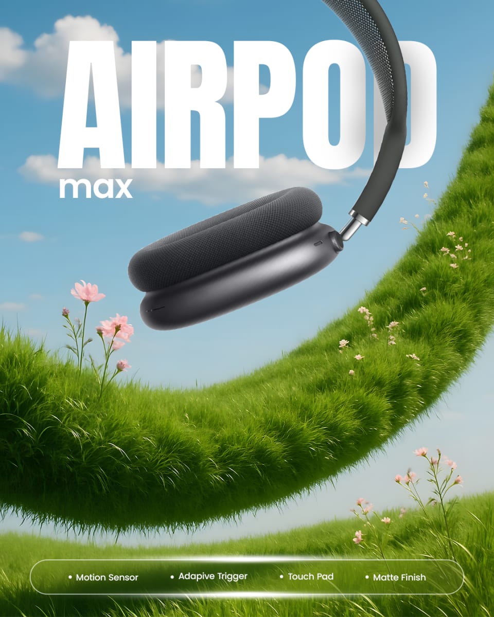 A bright, surreal advertisement featuring space grey AirPods Max headphones floating gracefully above a curved, grassy green landscape dotted with pink flowers under a blue, cloudy sky.