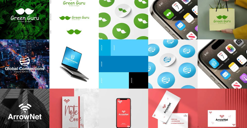 Brand identity presentation featuring logo applications, typography, colors, and branded stationery.