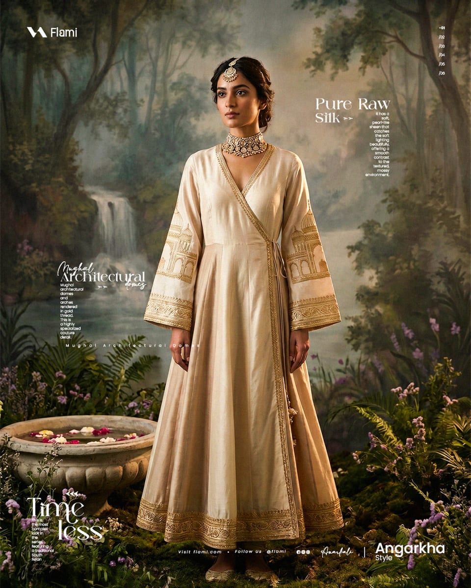 A woman wearing a beige pure raw silk Angarkha style dress with gold embroidery from Flami, standing in a mossy, enchanted garden setting.