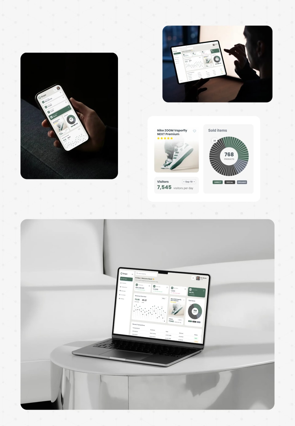 A dynamic collage of mockups displaying the Shape business management dashboard on a smartphone in a dark setting, on a tablet being used by a person, on a laptop in a bright white room, alongside a zoomed-in UI component showing product sales data.
