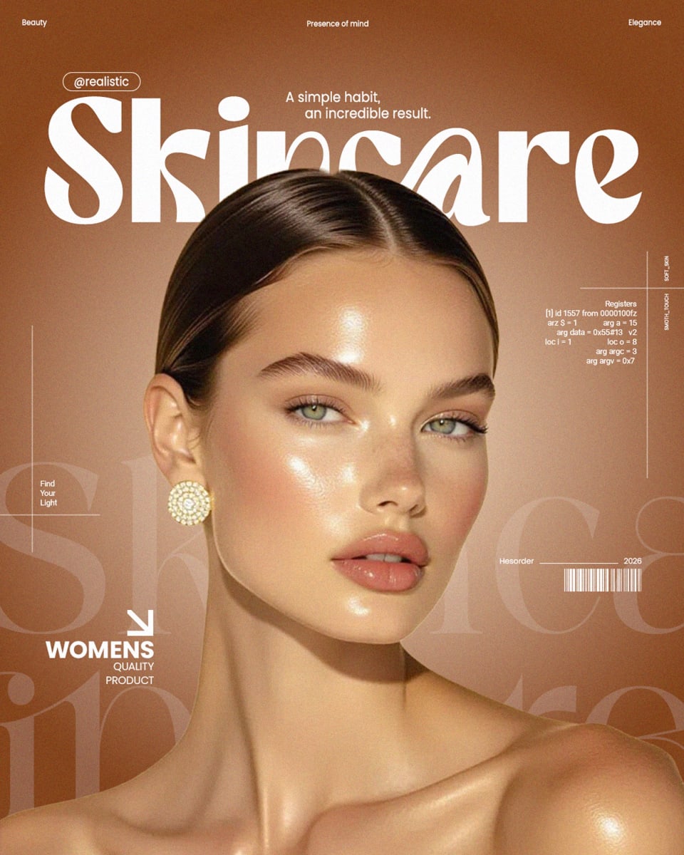 A warm, monochromatic skincare editorial poster displaying a female model with a glossy, illuminated complexion, with large "Skincare" typography in the background.
