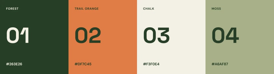 The official Trail Match brand color palette displaying four vertical earth-toned color swatches: Forest (dark green), Trail Orange (warm orange), Chalk (off-white), and Moss (light green), complete with hex codes.
