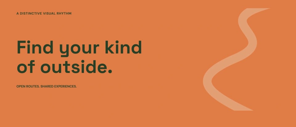 A graphic panel demonstrating the Trail Match visual rhythm, featuring dark green text "Find your kind of outside" on a Trail Orange background, accompanied by a subtle, winding trail line graphic.