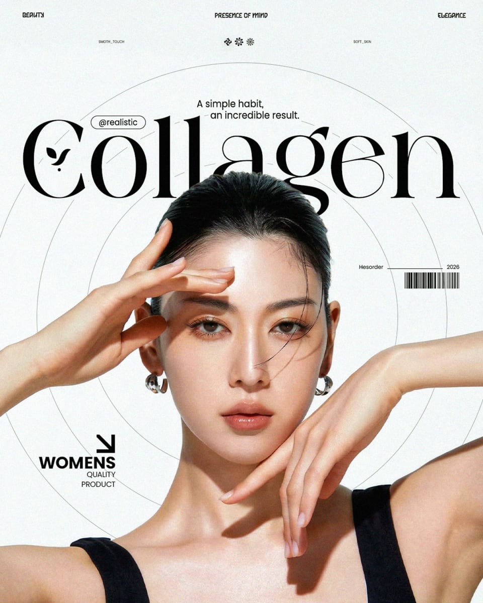 A clean skincare campaign poster titled "Collagen," featuring a female model framing her face with her hands, set against a white background with subtle circular grid lines.