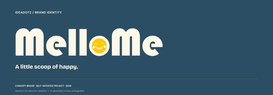 The closing slide of the MelloMe brand presentation, displaying the large white and yellow MelloMe smiley logo and the tagline "A little scoop of happy." against a solid dark blue background.