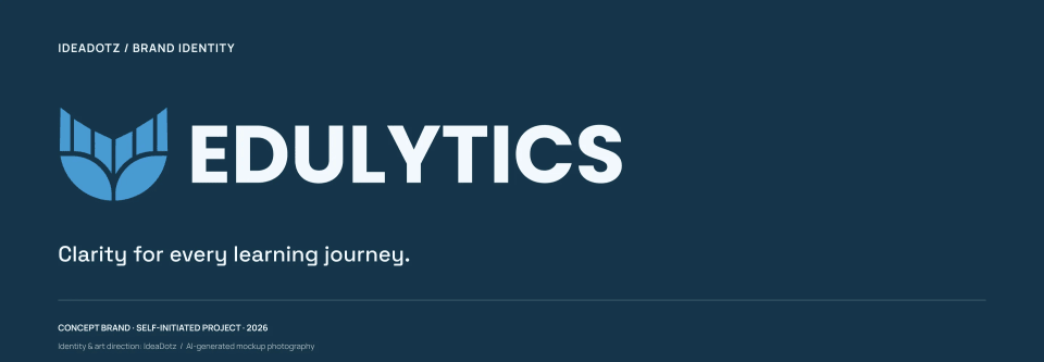The closing presentation slide for the Edulytics brand identity, displaying the logo in white and light blue with the tagline "Clarity for every learning journey." on a solid Deep Learning dark blue background.