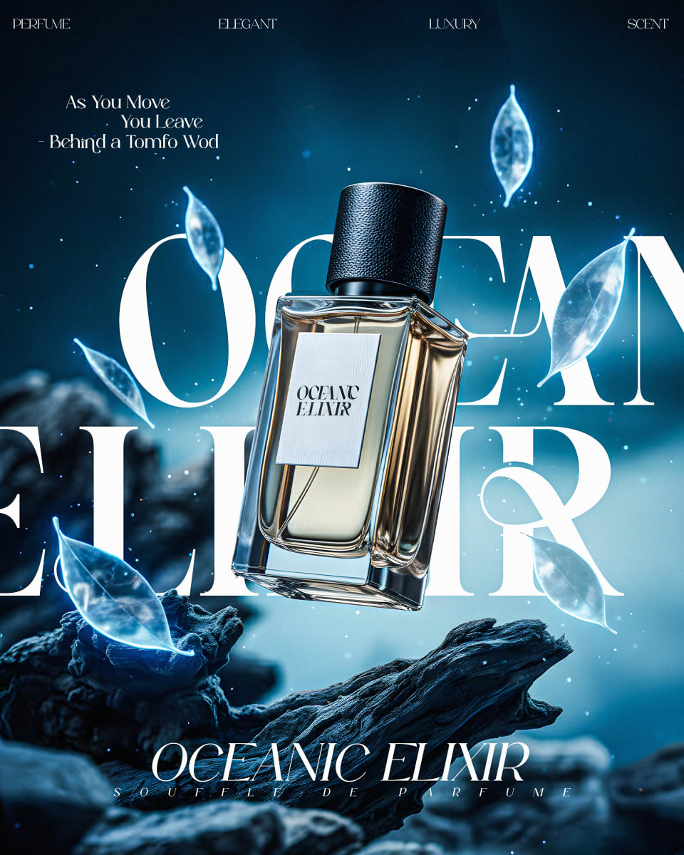A mystical advertisement for Oceanic Elixir perfume, featuring the glass bottle hovering above driftwood in a cool blue, ethereal environment with floating, glowing leaves.