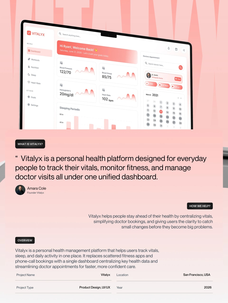 A project overview presentation slide for Vitalyx, featuring a laptop mockup of the health dashboard above descriptive text defining the platform as a unified tool for tracking vitals and managing doctor visits.