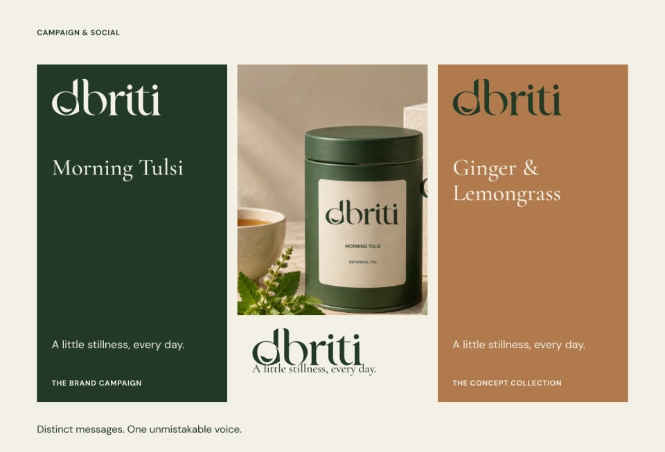 A three-panel layout showcasing the Dhriti campaign style, featuring elegant text blocks in Forest green and Copper flanking a central image of the Morning Tulsi green tea tin and a steaming cup.