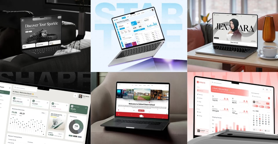 Modern website and mobile application UI/UX design displayed across desktop and mobile screens.