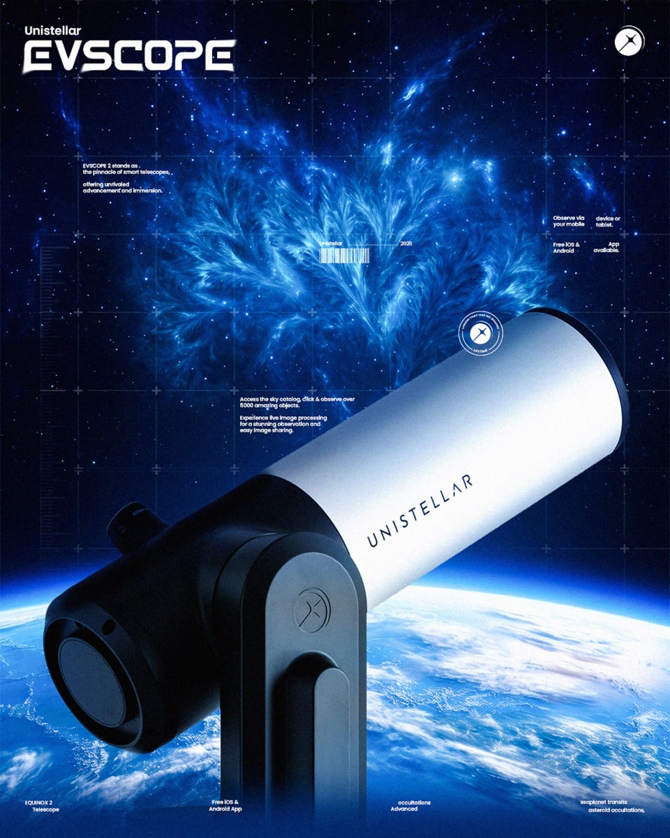 A white and black Unistellar Evscope smart telescope pointing upwards, set against a cosmic background featuring a glowing blue nebula and the Earth.