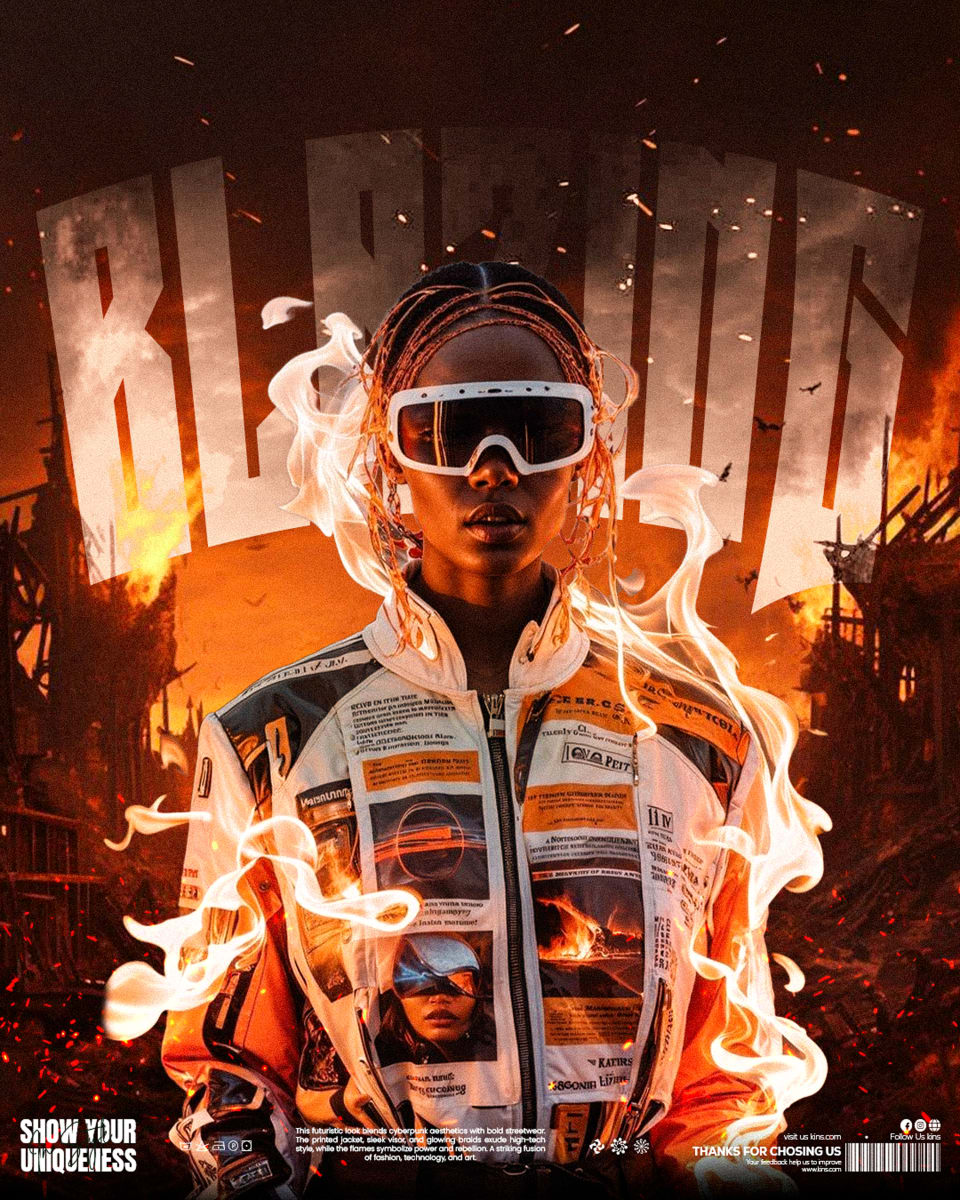 A striking, fiery cyberpunk fashion poster titled "BLAZE," featuring a female model wearing high-tech white goggles and a futuristic jacket adorned with text and graphics, surrounded by intense flames and a burning cityscape background.
