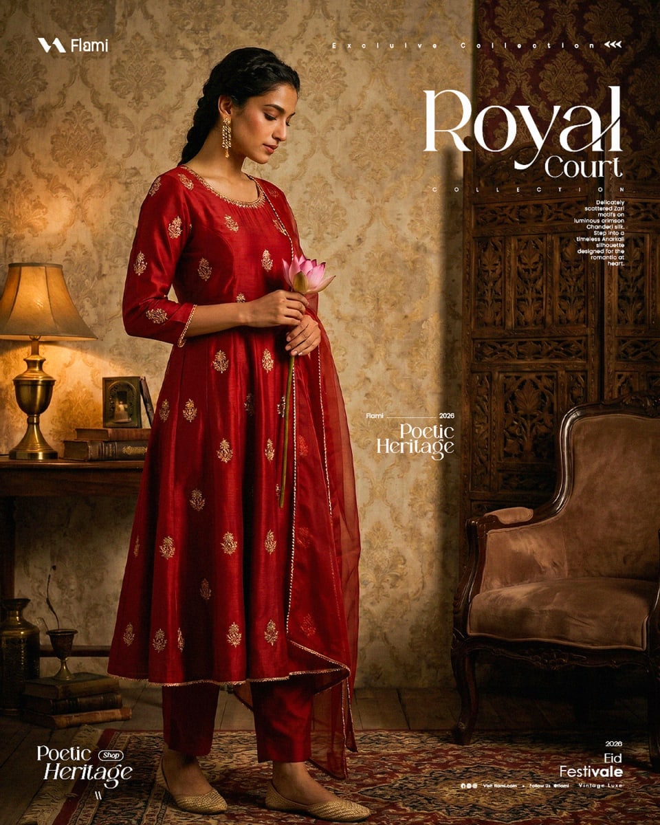 A female model wearing a red silk anarkali suit with golden motifs from the Flami Poetic Heritage collection, holding a lotus flower in a royal vintage room.