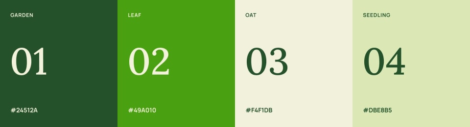 The official Green Guru brand color palette displaying four vertical green-toned color swatches: Garden (dark green), Leaf (bright green), Oat (off-white), and Seedling (light green), complete with hex codes.