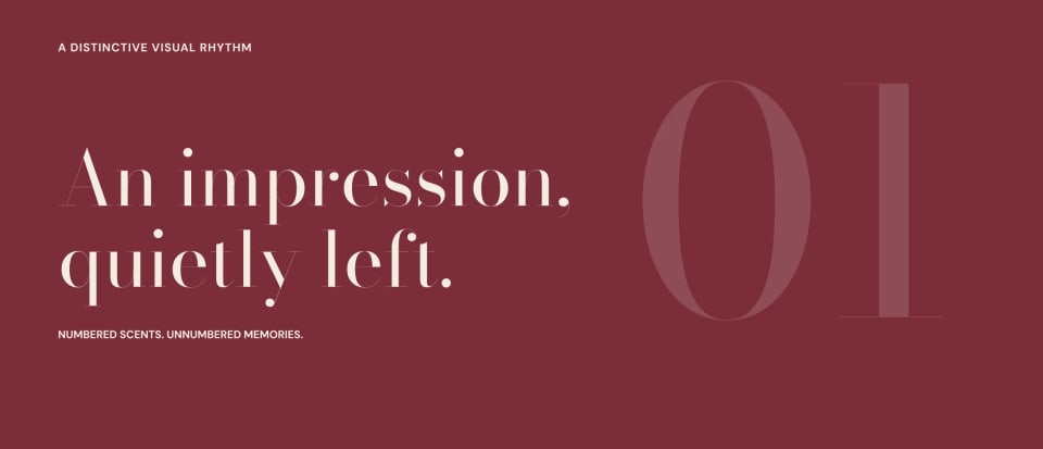 A graphic design panel showing the Paratres visual rhythm, featuring the tagline "An impression, quietly left." in elegant serif type over a deep Oxblood background with a faint numeral "01".
