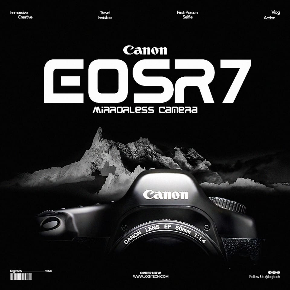 A black Canon EOS R7 mirrorless camera with a 50mm lens, placed in front of a dramatic, dark snowy mountain landscape.