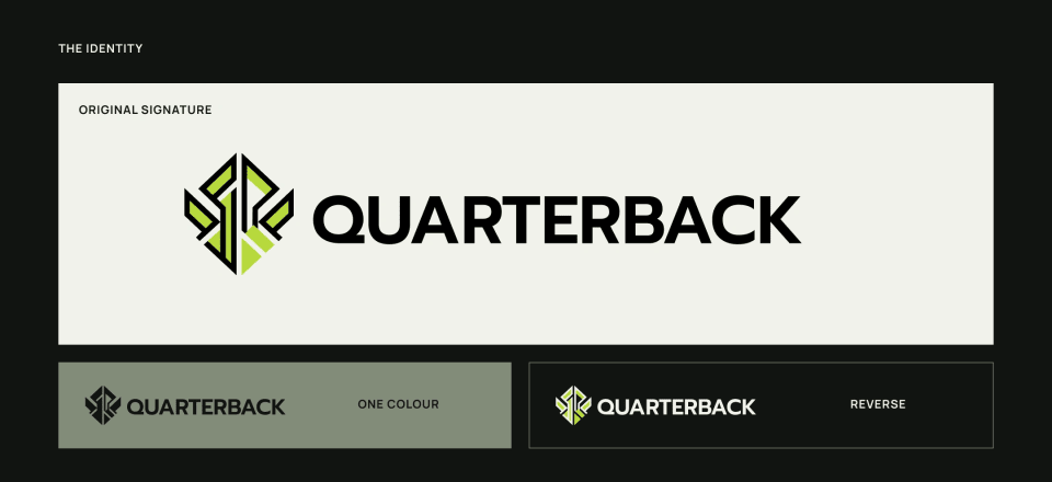 The visual identity presentation for Quarterback, displaying the sharp, geometric original signature logo and the strong, uppercase wordmark, along with single-color and reversed variations on dark grey backgrounds.