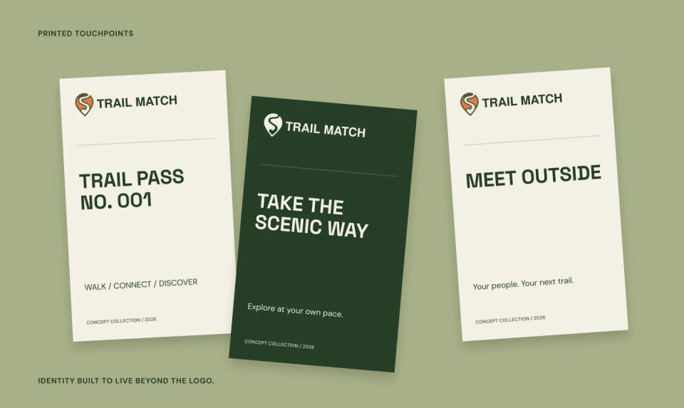 A mockup of three Trail Match printed touchpoints or cards set against a Moss green background, featuring minimalist designs and copy like "Trail Pass No. 001" and "Take the scenic way."
