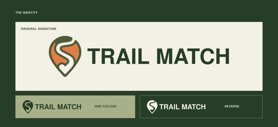 The visual identity presentation for Trail Match, showcasing the original signature logo featuring a winding trail inside a map pin marker, alongside single-color and reversed logo variations on a dark green background.
