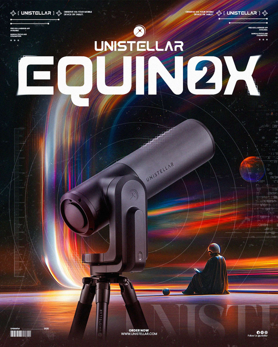 A dark Unistellar Equinox smart telescope displayed against a vibrant, abstract space background with colorful light trails and a seated astronaut figure.