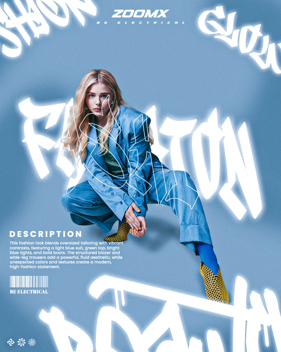 A high-fashion streetwear poster featuring a blonde model crouching in an oversized light blue suit with bright yellow boots, set against a solid blue background overlaid with glowing, graffiti-style white text.