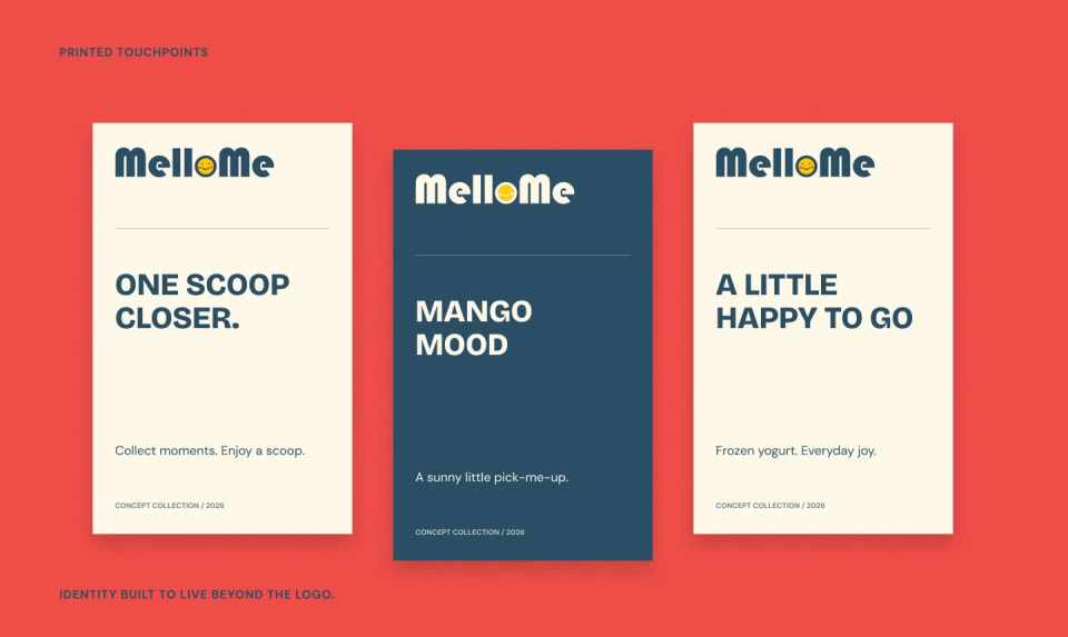 A mockup of three MelloMe printed touchpoints or cards set against a red background, featuring playful copy like "One scoop closer" and "Mango Mood" in the brand's primary colors.