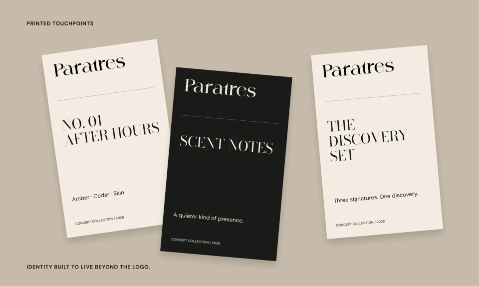 A mockup of three minimalist printed cards for Paratres perfumes, featuring elegant typography on Parchment and Ink backgrounds, with text like "After Hours" and "The Discovery Set."