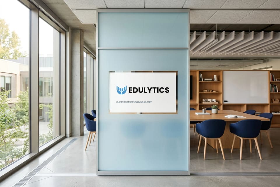 A modern corporate office environment showing a frosted glass partition with the Edulytics logo and the tagline "Clarity for every learning journey," looking into a bright conference room with a wooden table and blue chairs.