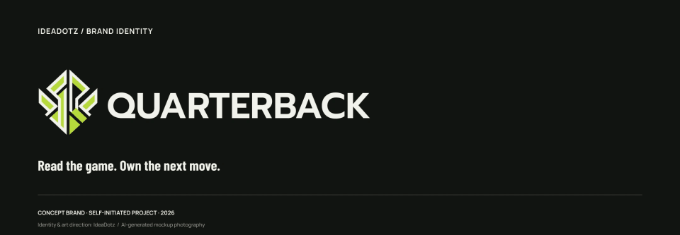 The closing presentation slide for the Quarterback brand identity, featuring the white and Signal Lime geometric logo and the tagline "Read the game. Own the next move." set against a solid Carbon black background.