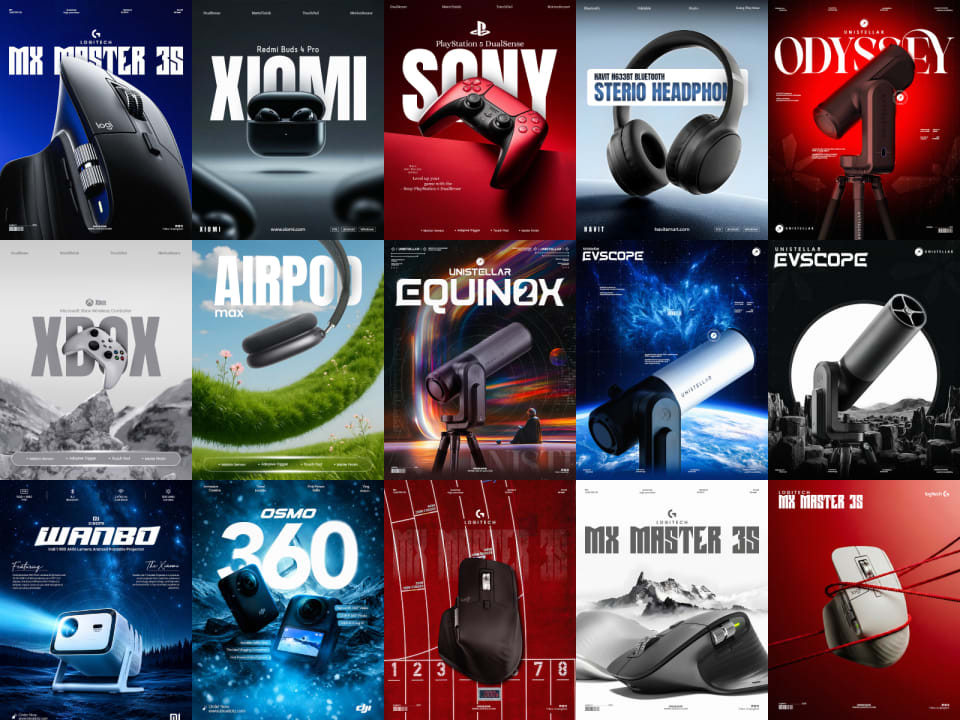 A comprehensive showcase collage of digital advertising posters for premium tech brands, displaying smart telescopes, wireless mice, audio gear, gaming controllers, and action cameras arranged in a grid format.