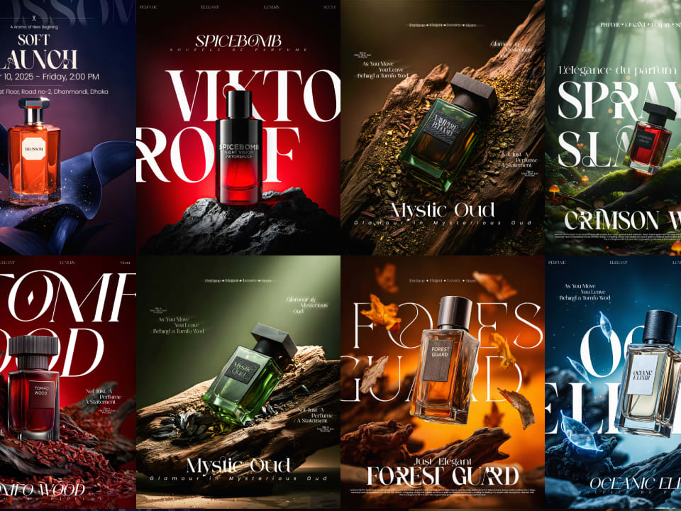 A collection of eight high-end perfume digital advertising concepts arranged in a collage, highlighting dramatic lighting and creative product placement for fragrances such as Oceanic Elixir, Forest Guard, and Crimson Wood.