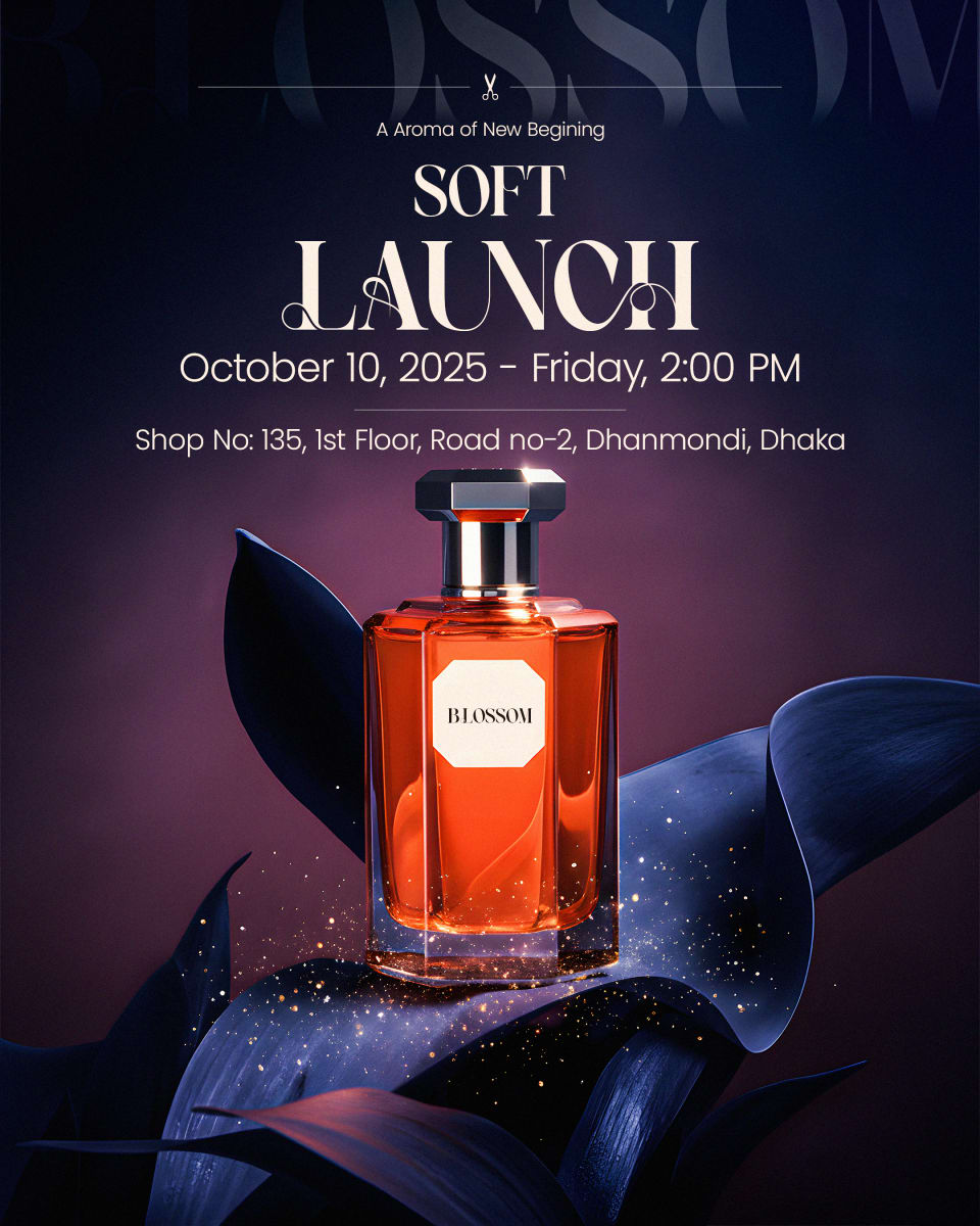 A promotional soft launch poster for Blossom perfume, displaying a sleek amber bottle resting on a large, stylized dark blue leaf sprinkled with glowing gold dust.