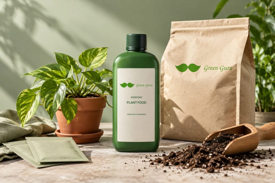The main cover image for the Green Guru brand project, displaying a green bottle of "Everyday Plant Food," a brown paper bag, small green seed packets, and a wooden scoop with soil next to a potted plant.