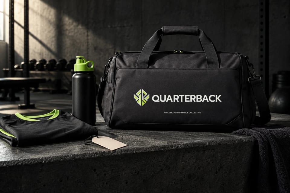 The main cover image for the Quarterback brand project, showcasing a branded black duffel bag, a folded athletic shirt, a neon green water bottle, and a towel resting on a concrete surface in a dark, moody gym environment.