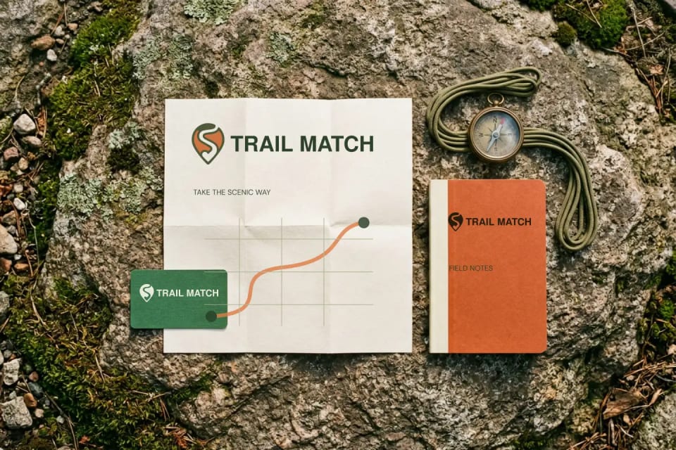 A flat lay mockup of Trail Match branded items resting on a mossy rock in the woods, including a folded paper map, an orange field notes book, a green trail pass card, and a vintage compass with a paracord.