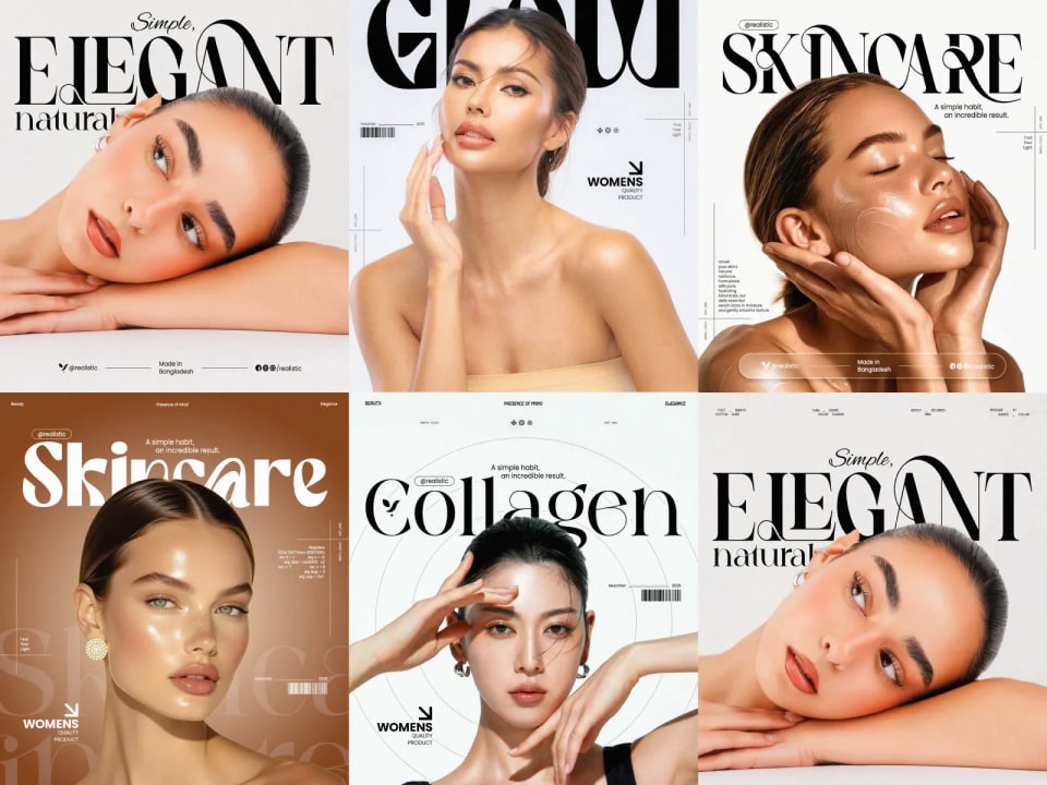 A grid collage featuring six high-end beauty and skincare editorial posters, displaying diverse female models with glowing, natural skin alongside elegant typography such as "Glow," "Collagen," and "Skincare."