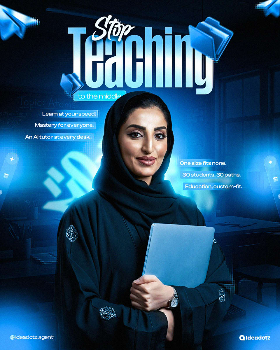 An educational technology poster featuring a woman in a hijab holding a laptop against a glowing blue background, with the headline "Stop Teaching to the middle" and text promoting an AI tutor at every desk.