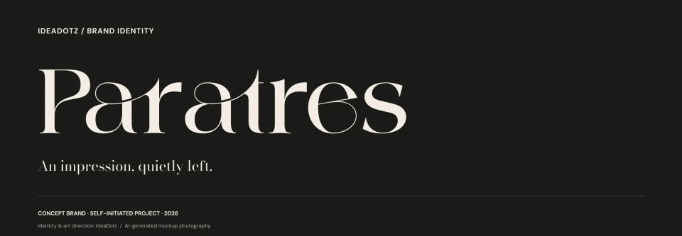 The closing presentation slide for the Paratres brand identity, featuring the sophisticated flowing wordmark and the tagline "An impression, quietly left." set against a solid Ink black background.