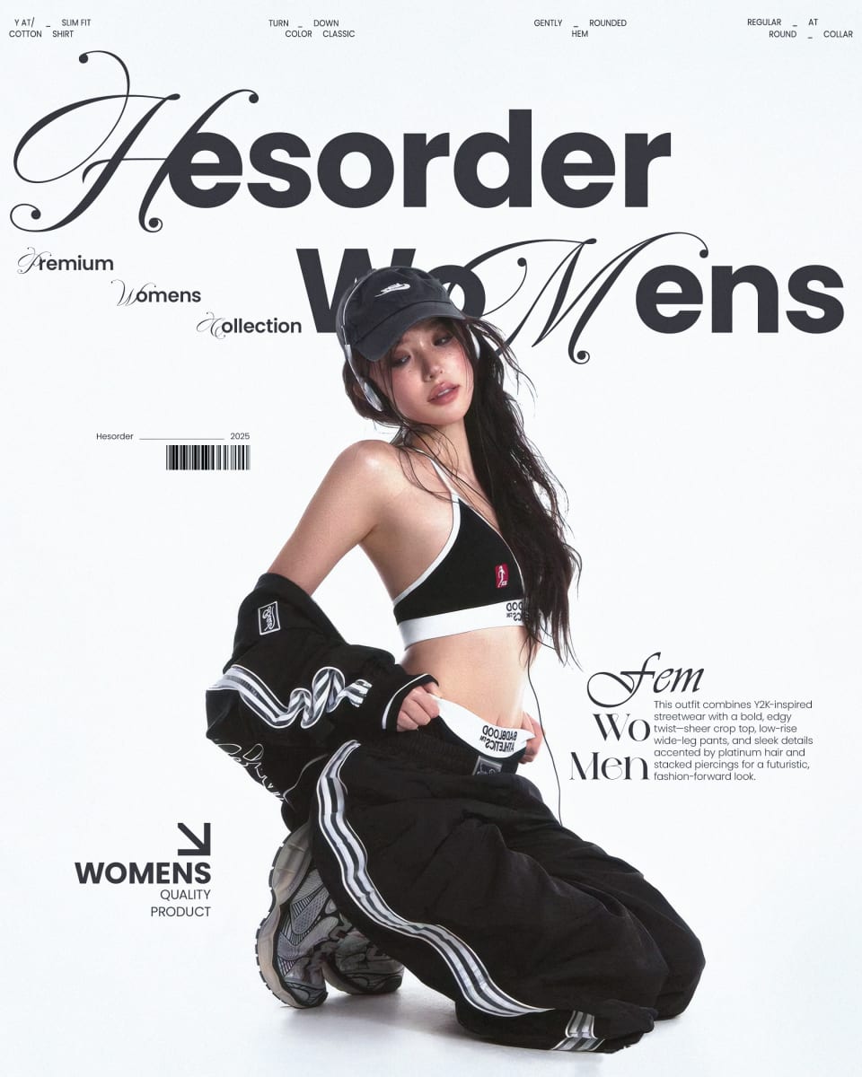 A bold Y2K-inspired streetwear poster featuring a female model wearing a black track suit, a black cap, and stacked piercings, kneeling against a clean white background with large "Hesorder Womens" text.
