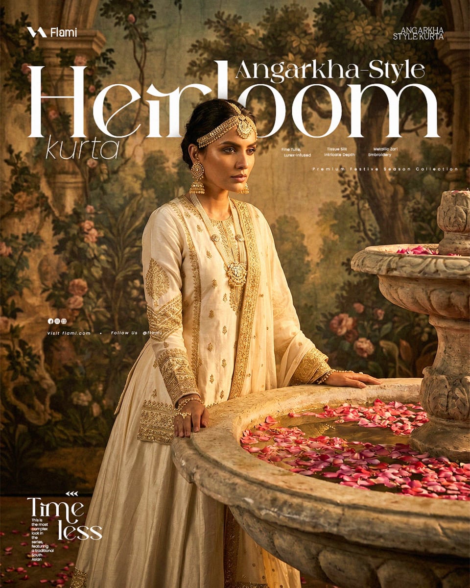 A female model wearing a cream and gold Heirloom Angarkha-style kurta by Flami, standing elegantly next to a stone fountain filled with pink rose petals.