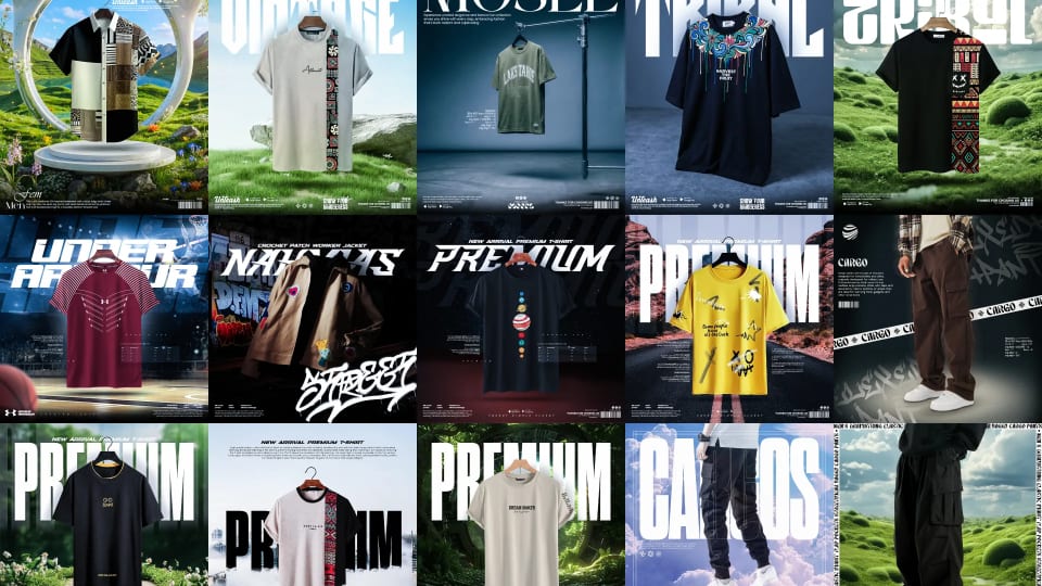 A dynamic collage showcasing a collection of premium men's streetwear posters, highlighting unique t-shirt designs and urban fashion concepts through striking photo manipulations and typography.