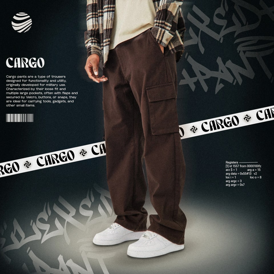 A fashion advertisement featuring a person wearing dark brown loose-fit cargo pants and a plaid shirt, set against a dark background with white "CARGO" tape wrapping around the scene.