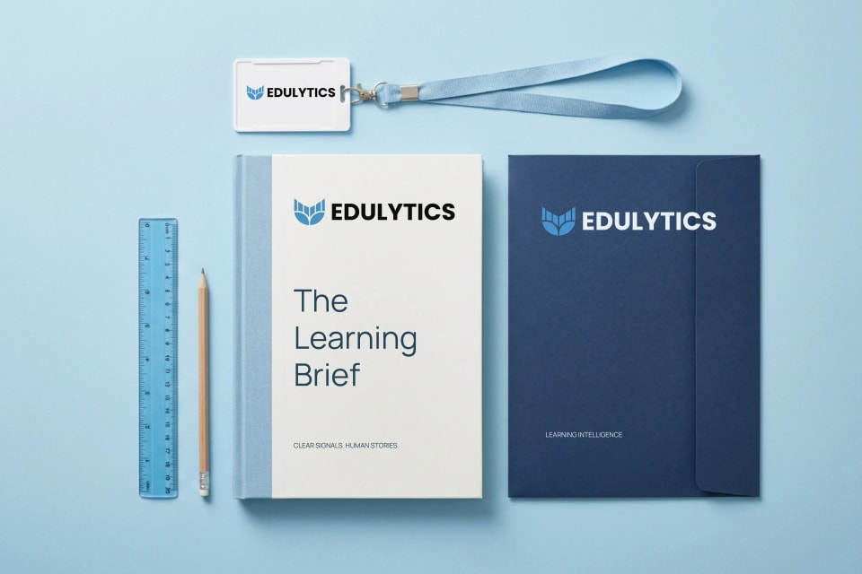 A flat lay mockup of Edulytics branded stationery on a light blue background, including a printed document titled "The Learning Brief," a dark blue folder, an ID badge lanyard, a ruler, and a pencil.