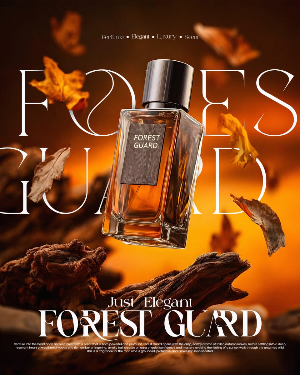 An autumn-themed advertisement for Forest Guard perfume, showing an amber glass bottle floating above driftwood surrounded by crisp, falling leaves against a warm orange glow.