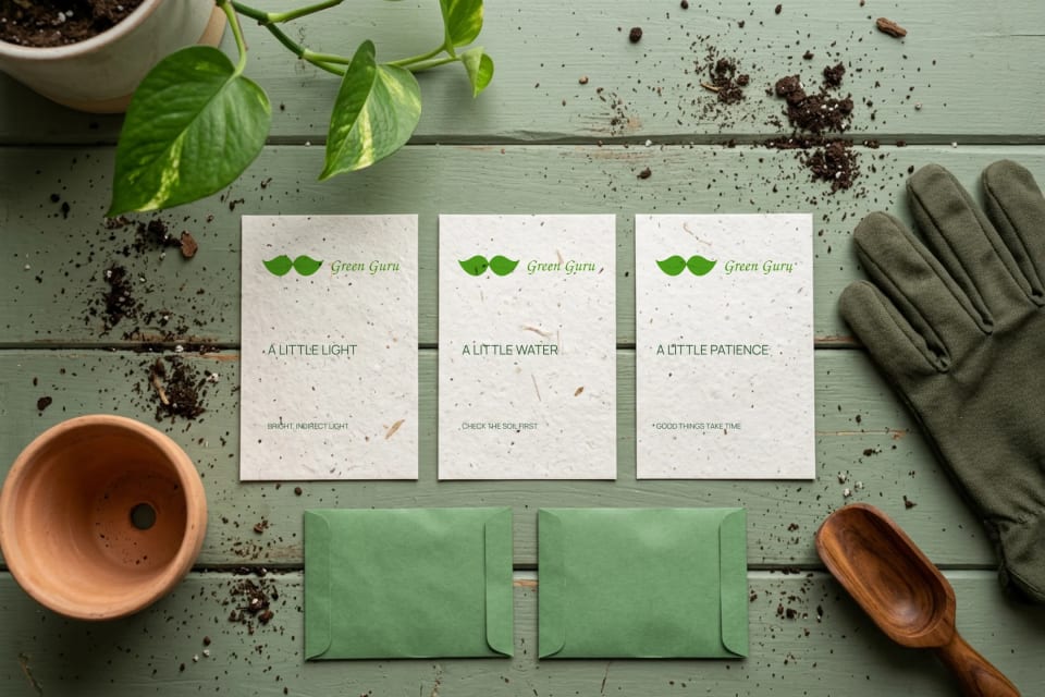 A flat lay mockup of Green Guru packaging resting on pale green wooden planks, showing three informative cards ("A Little Light," "A Little Water," "A Little Patience"), green seed packets, an empty terracotta pot, soil, and gardening gloves.