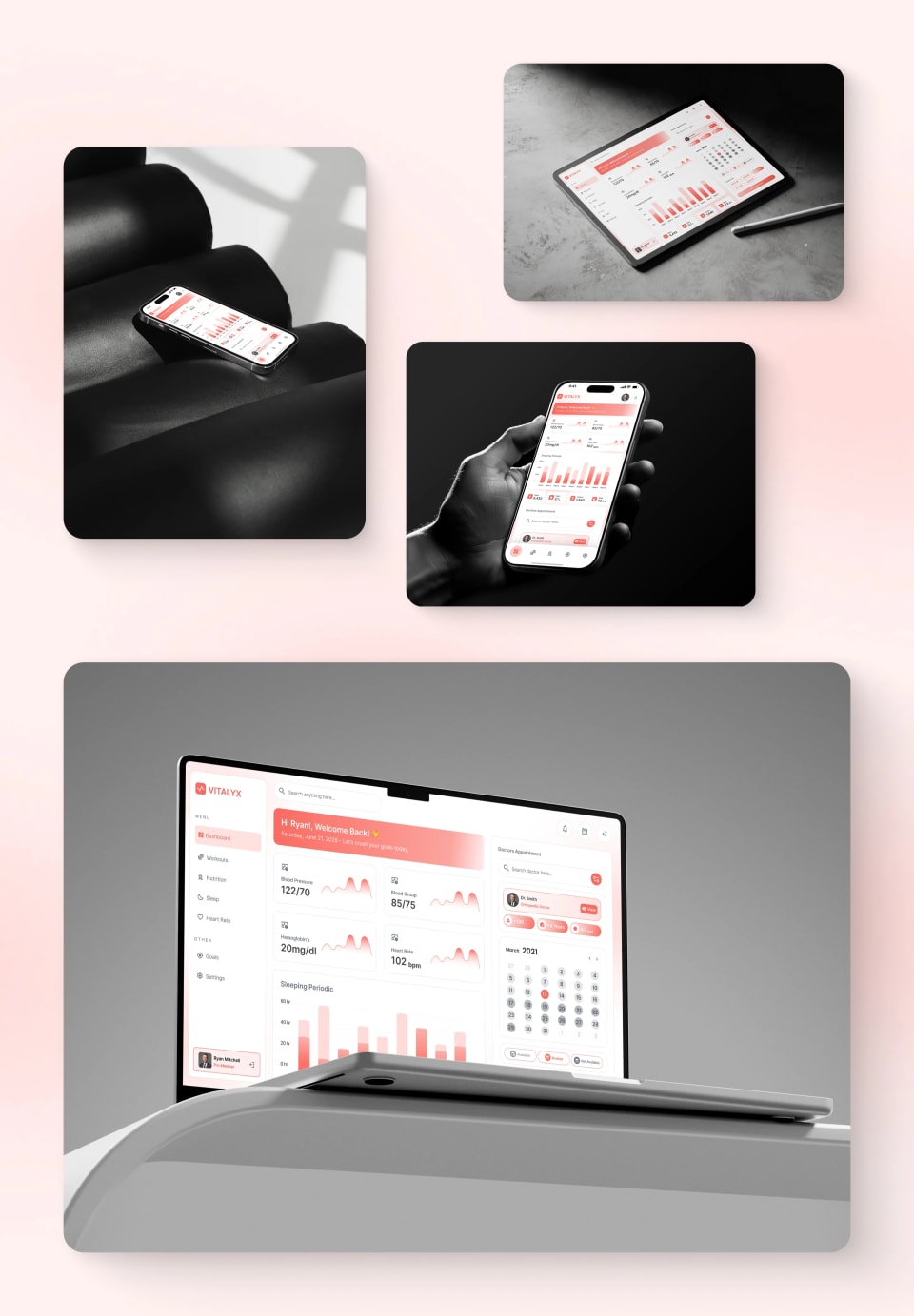 A dynamic collage of Vitalyx interface mockups, displaying the responsive health tracking platform across a tablet with a stylus, a smartphone held in the dark, and a laptop resting on a curved white surface.