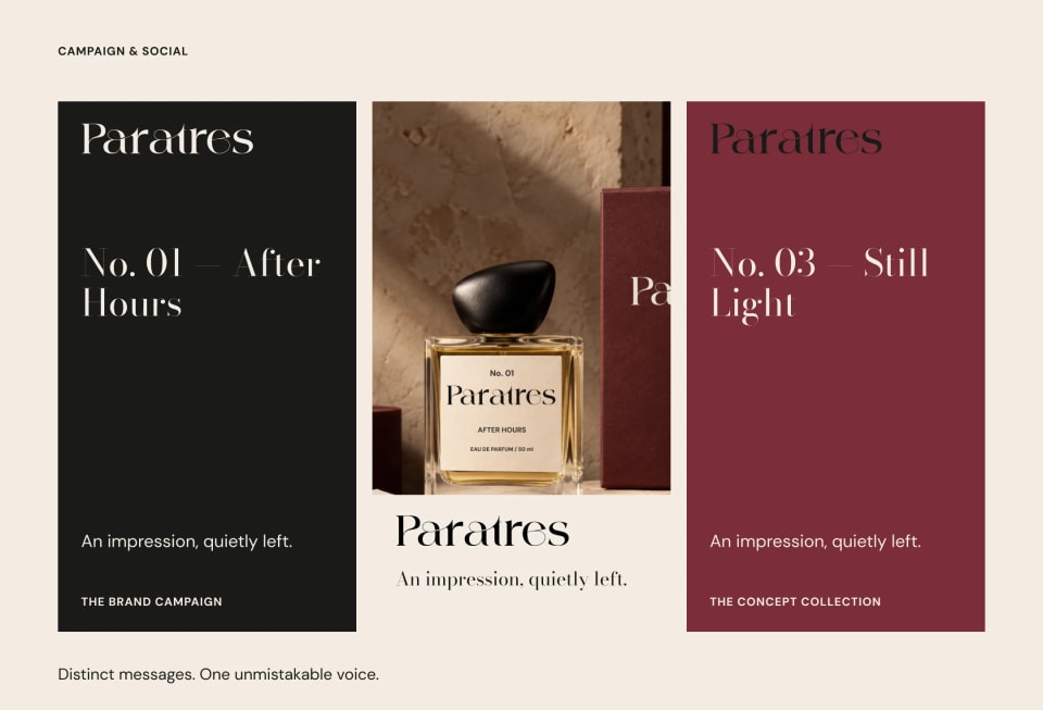 A three-panel campaign layout for Paratres fragrances, contrasting Ink and Oxblood backgrounds with a central photograph of the No. 01 After Hours perfume bottle.