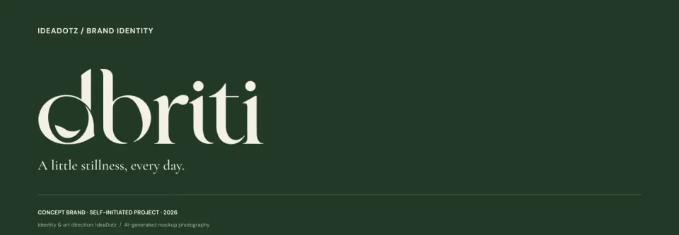 The closing presentation slide for the Dhriti brand identity, featuring the light cream wordmark logo and the tagline "A little stillness, every day." on a solid dark green background.