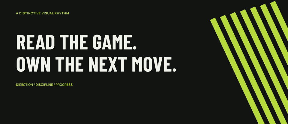 A graphic design panel showing the Quarterback visual rhythm, featuring the white text "READ THE GAME. OWN THE NEXT MOVE." over a Carbon black background with striking diagonal Signal Lime grid lines.