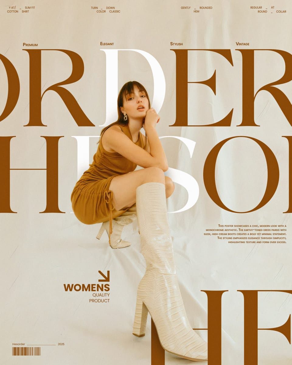 An elegant fashion editorial poster showing a female model in a stylish earthy-toned dress and tall cream boots, posing in front of large, bold brown typography that reads "ORDER."